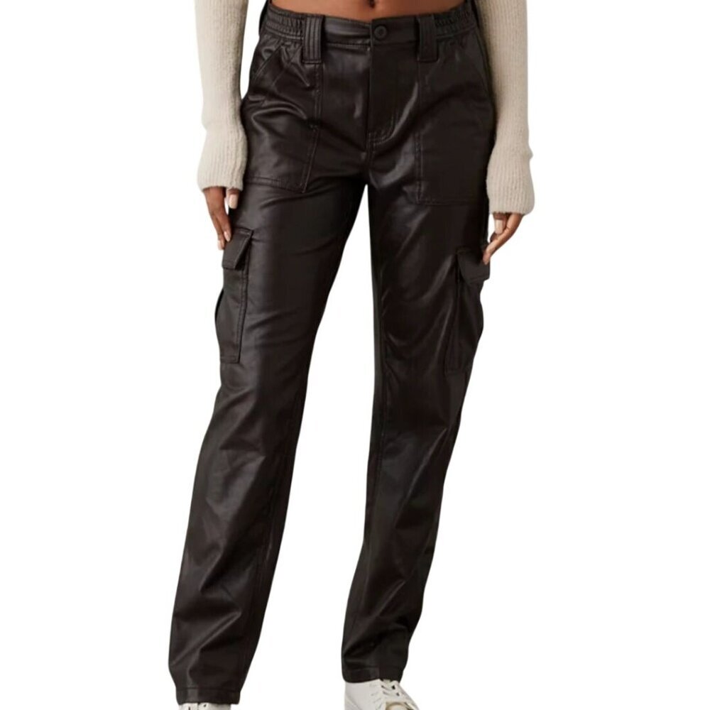 American Eagle High Waisted Vegan Leather Straight Cargo Pants Brown Size 14
